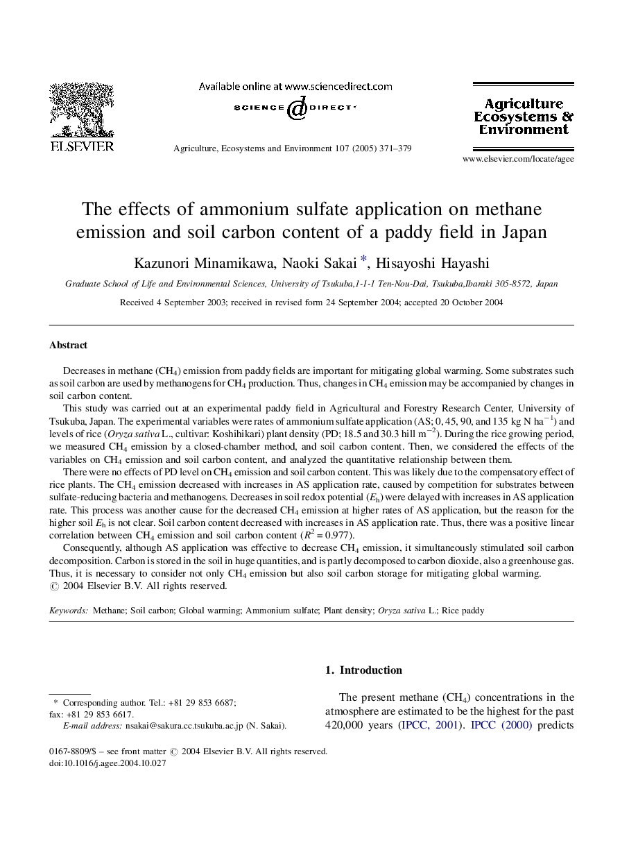 The effects of ammonium sulfate application on methane emission and soil carbon content of a paddy field in Japan