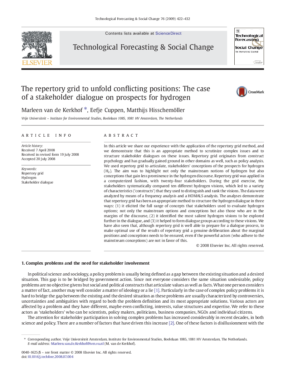 The repertory grid to unfold conflicting positions: The case of a stakeholder dialogue on prospects for hydrogen