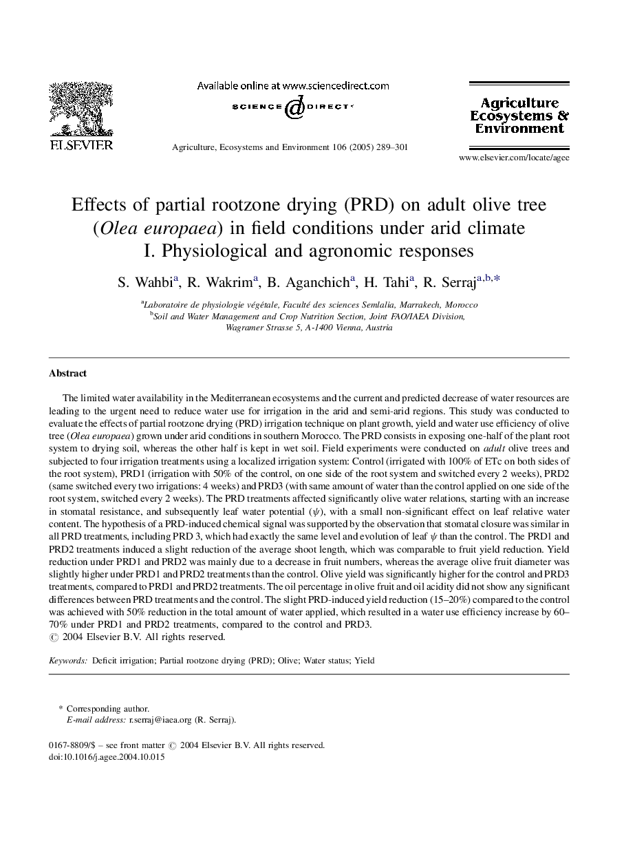 Effects of partial rootzone drying (PRD) on adult olive tree (Olea europaea) in field conditions under arid climate