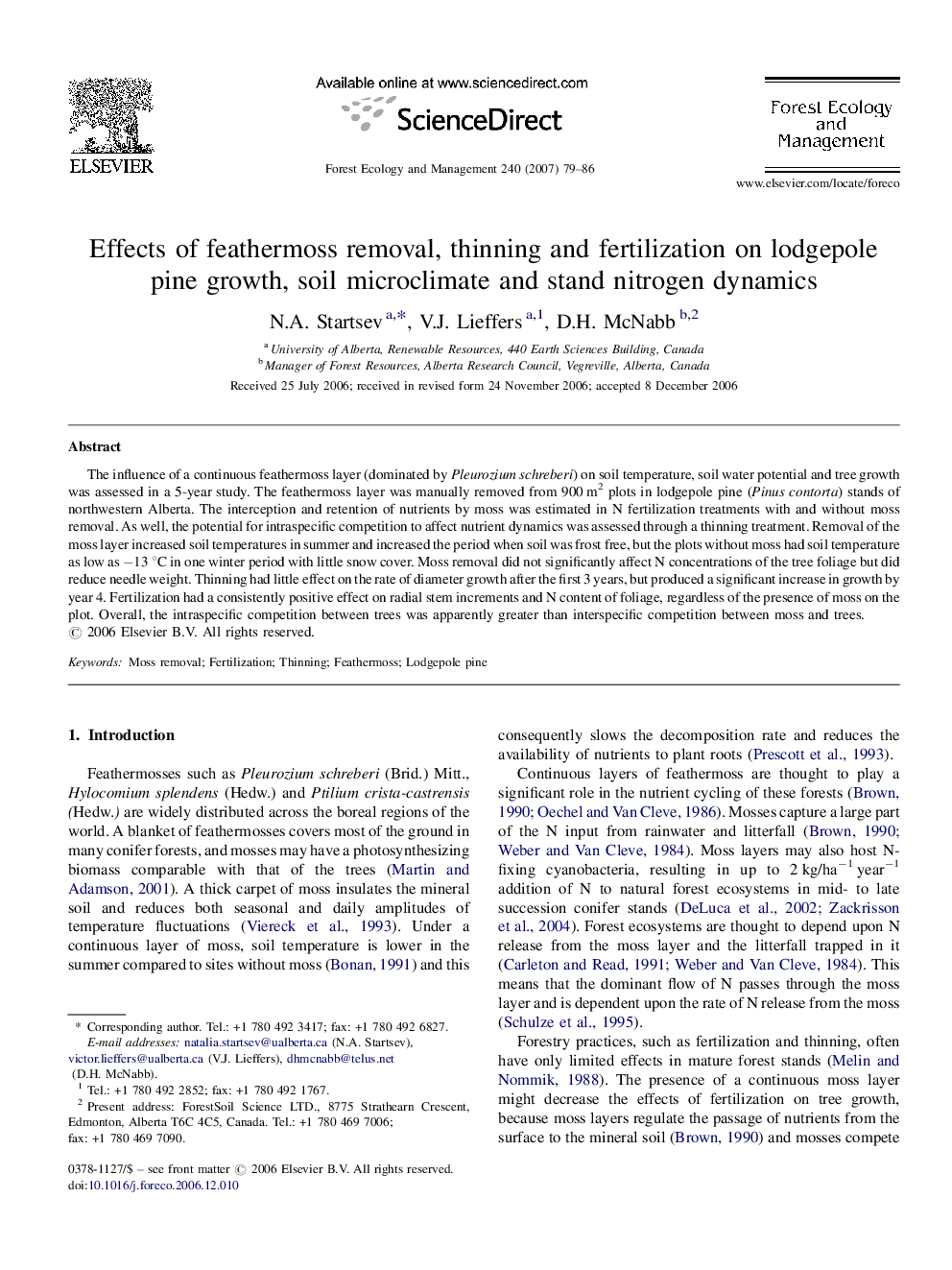 Effects of feathermoss removal, thinning and fertilization on lodgepole pine growth, soil microclimate and stand nitrogen dynamics