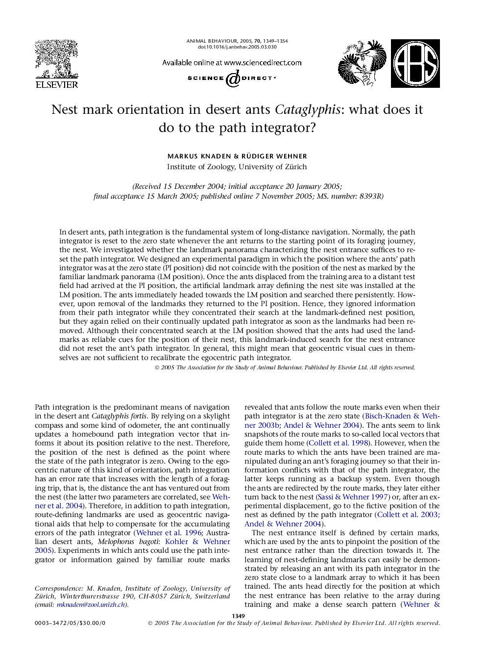 Nest mark orientation in desert ants Cataglyphis: what does it do to the path integrator?