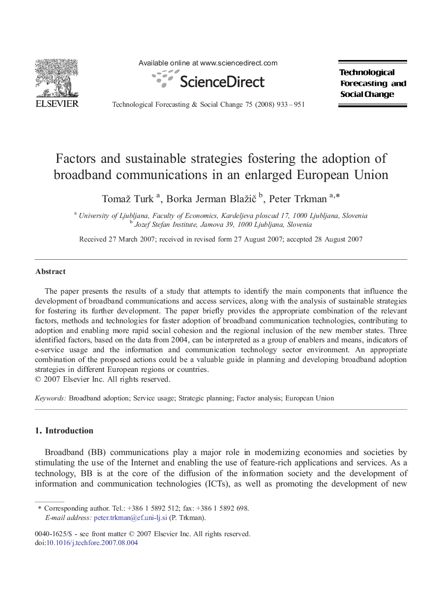 Factors and sustainable strategies fostering the adoption of broadband communications in an enlarged European Union