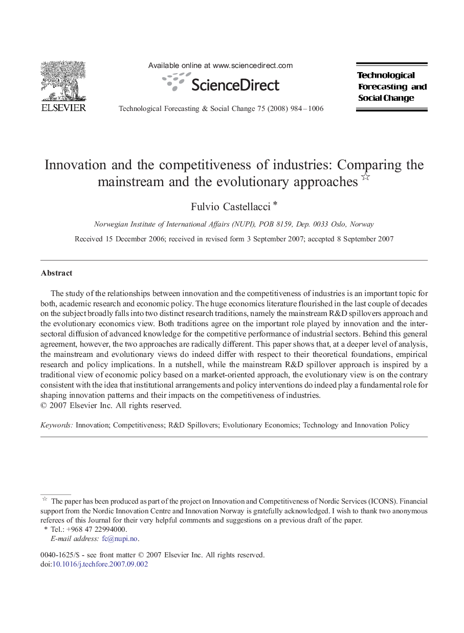 Innovation and the competitiveness of industries: Comparing the mainstream and the evolutionary approaches 