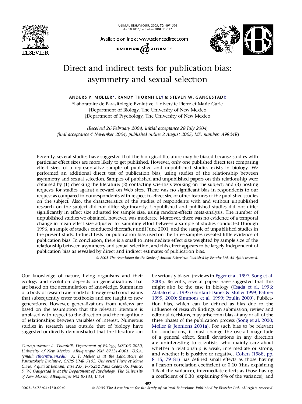 Direct and indirect tests for publication bias: asymmetry and sexual selection