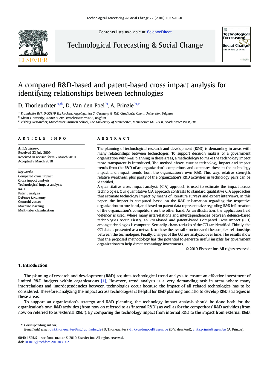 A compared R&D-based and patent-based cross impact analysis for identifying relationships between technologies