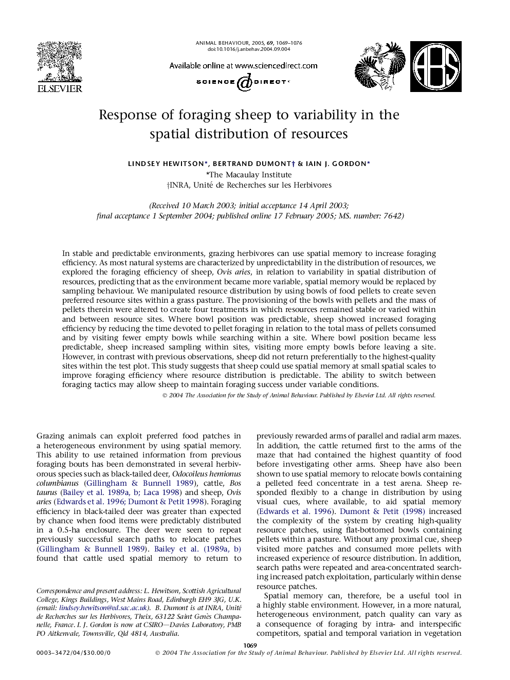 Response of foraging sheep to variability in the spatial distribution of resources