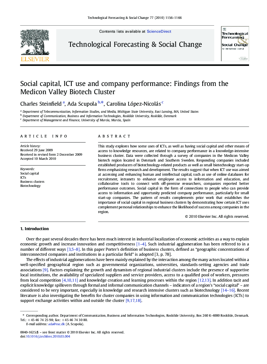 Social capital, ICT use and company performance: Findings from the Medicon Valley Biotech Cluster
