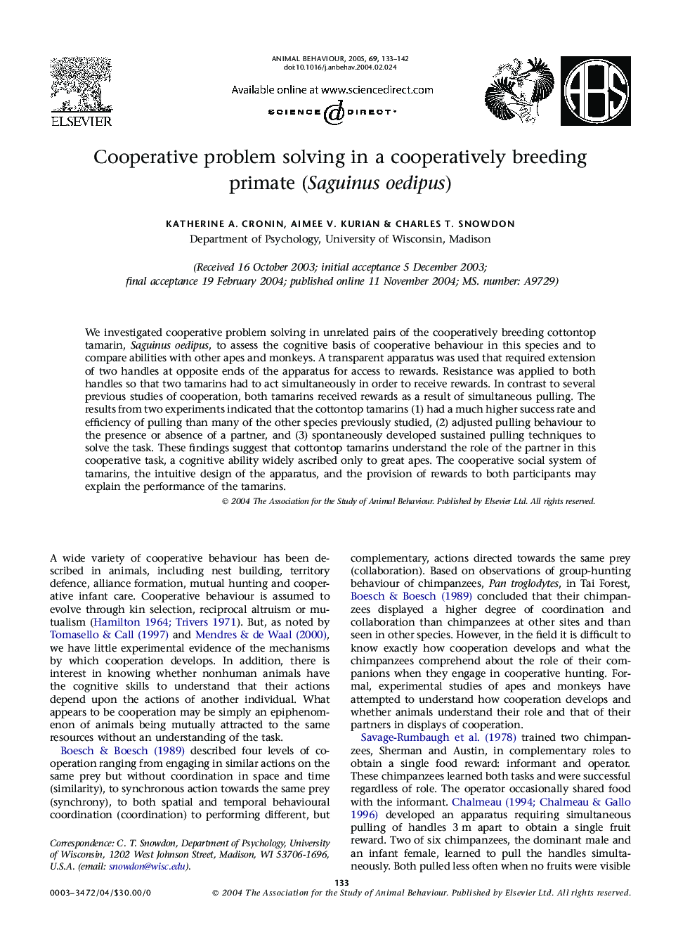 Cooperative problem solving in a cooperatively breeding primate (Saguinus oedipus)