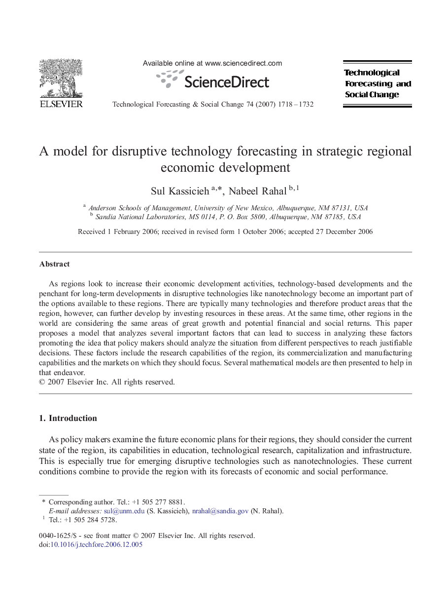 A model for disruptive technology forecasting in strategic regional economic development