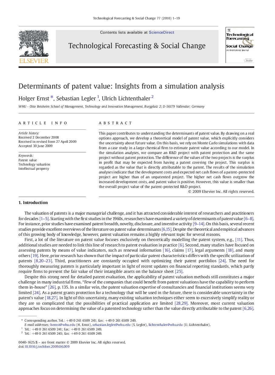 Determinants of patent value: Insights from a simulation analysis