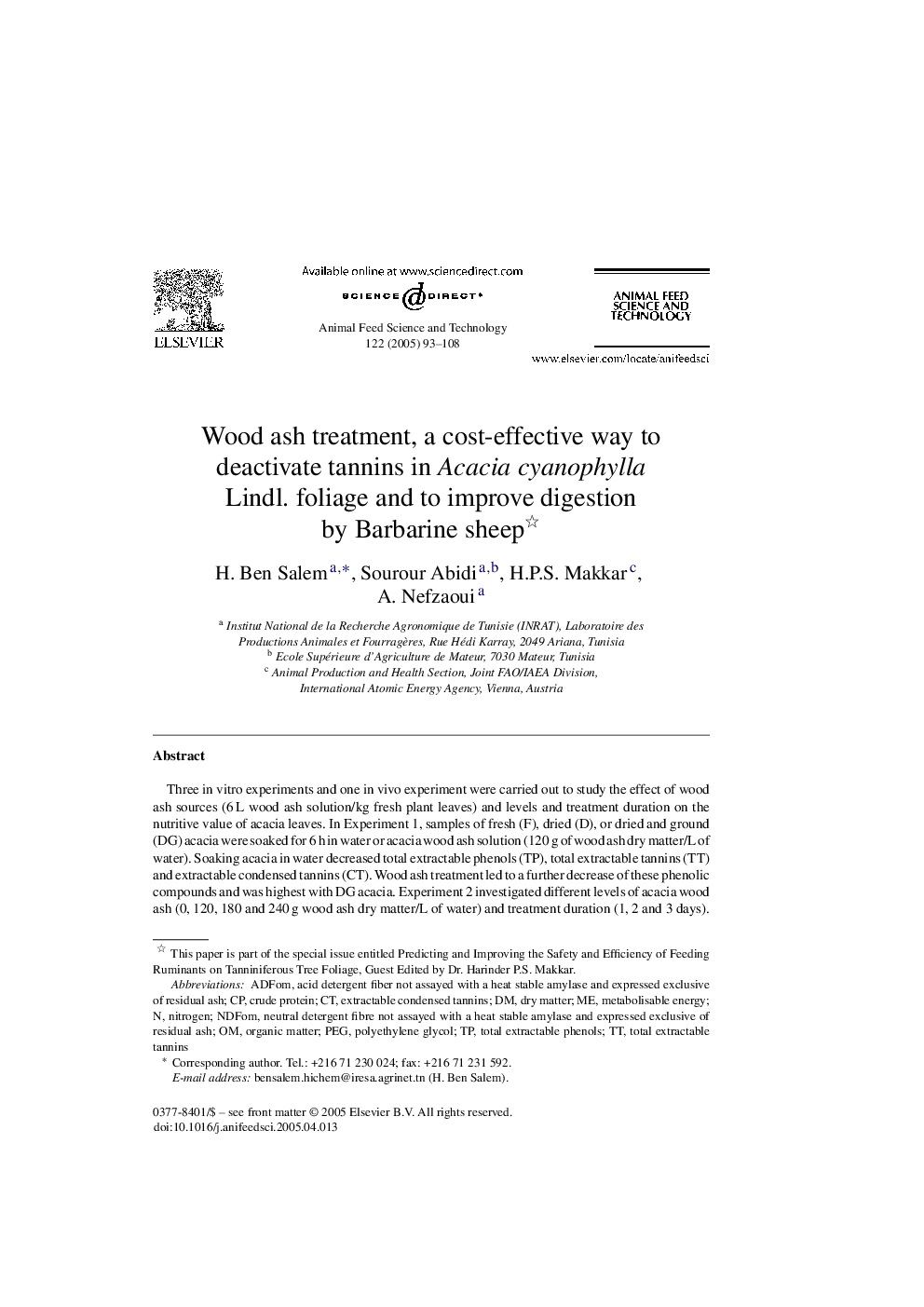 Wood ash treatment, a cost-effective way to deactivate tannins in Acacia cyanophylla Lindl. foliage and to improve digestion by Barbarine sheep