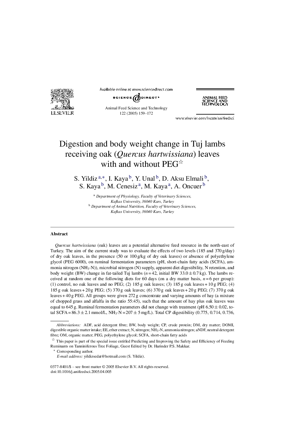 Digestion and body weight change in Tuj lambs receiving oak (Quercushartwissiana) leaves with and without PEG