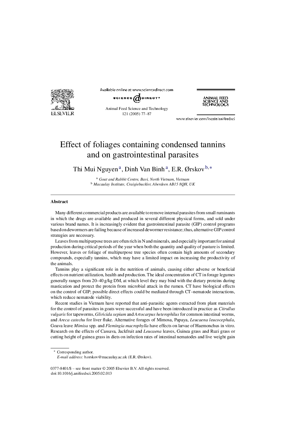 Effect of foliages containing condensed tannins and on gastrointestinal parasites