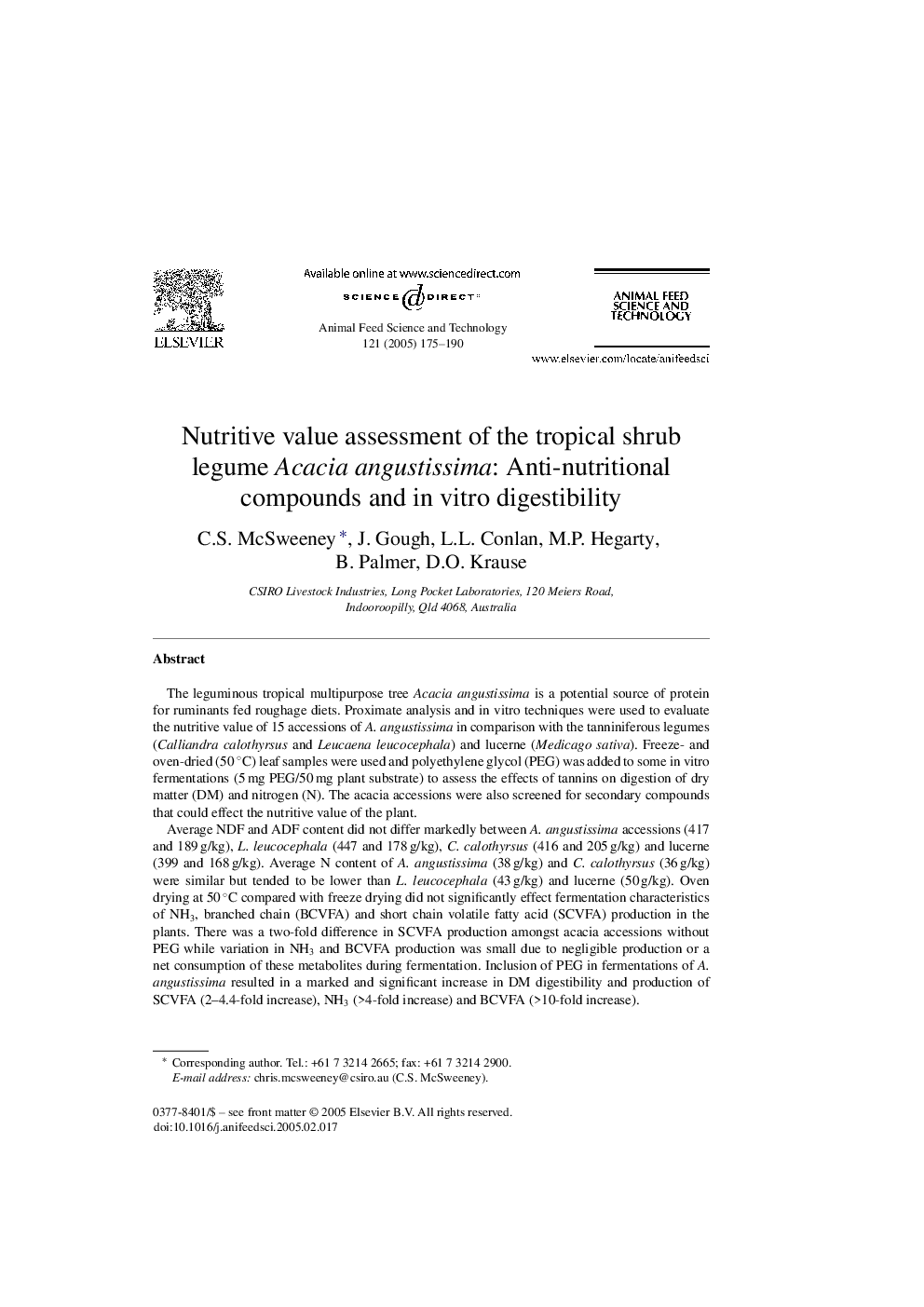 Nutritive value assessment of the tropical shrub legume Acacia angustissima: Anti-nutritional compounds and in vitro digestibility