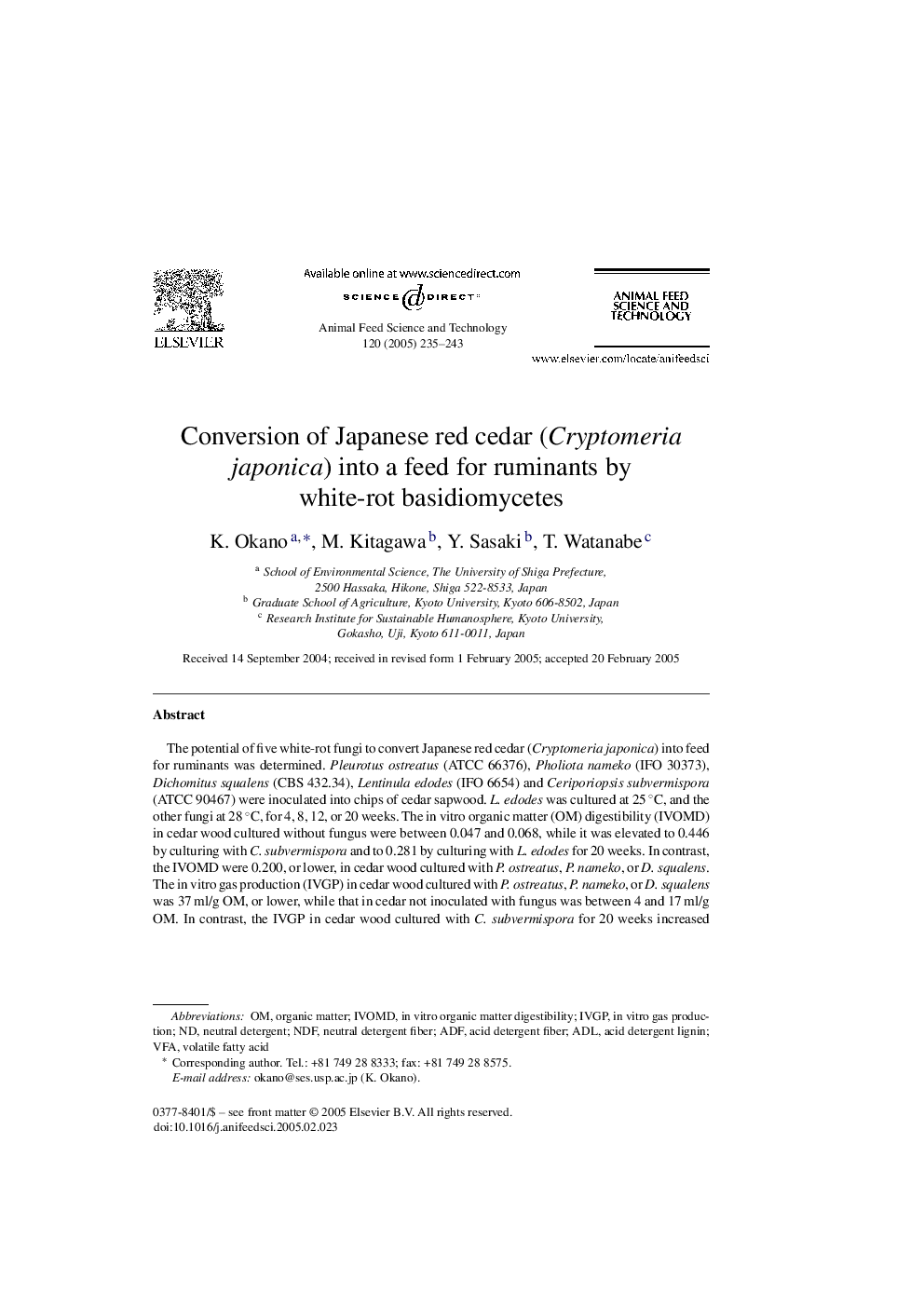 Conversion of Japanese red cedar (Cryptomeria japonica) into a feed for ruminants by white-rot basidiomycetes