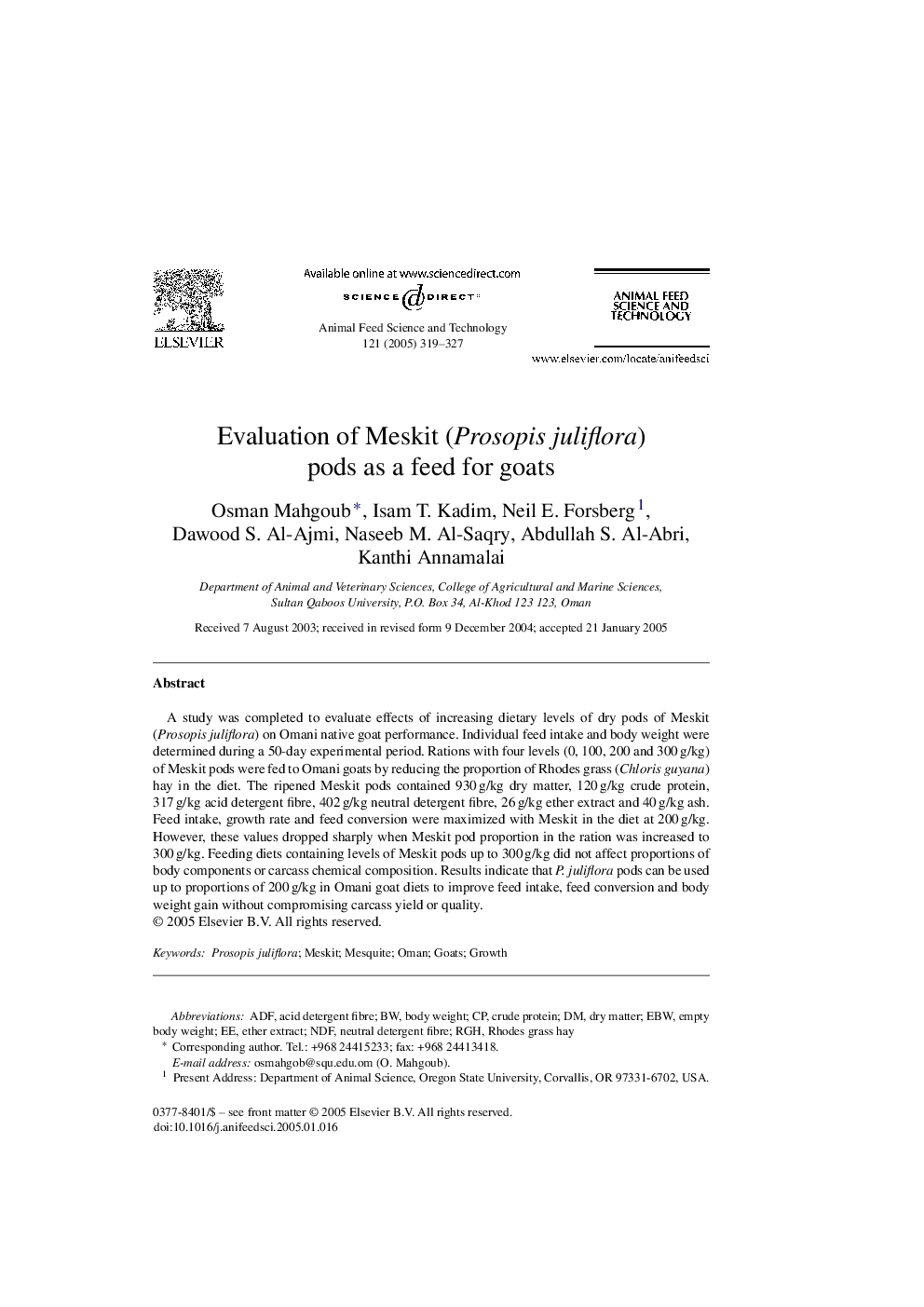 Evaluation of Meskit (Prosopis juliflora) pods as a feed for goats