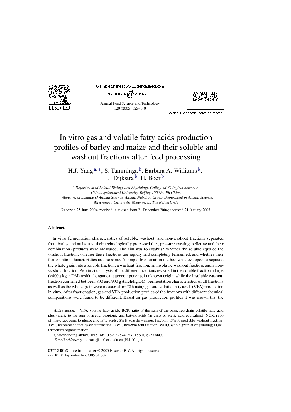 In vitro gas and volatile fatty acids production profiles of barley and maize and their soluble and washout fractions after feed processing