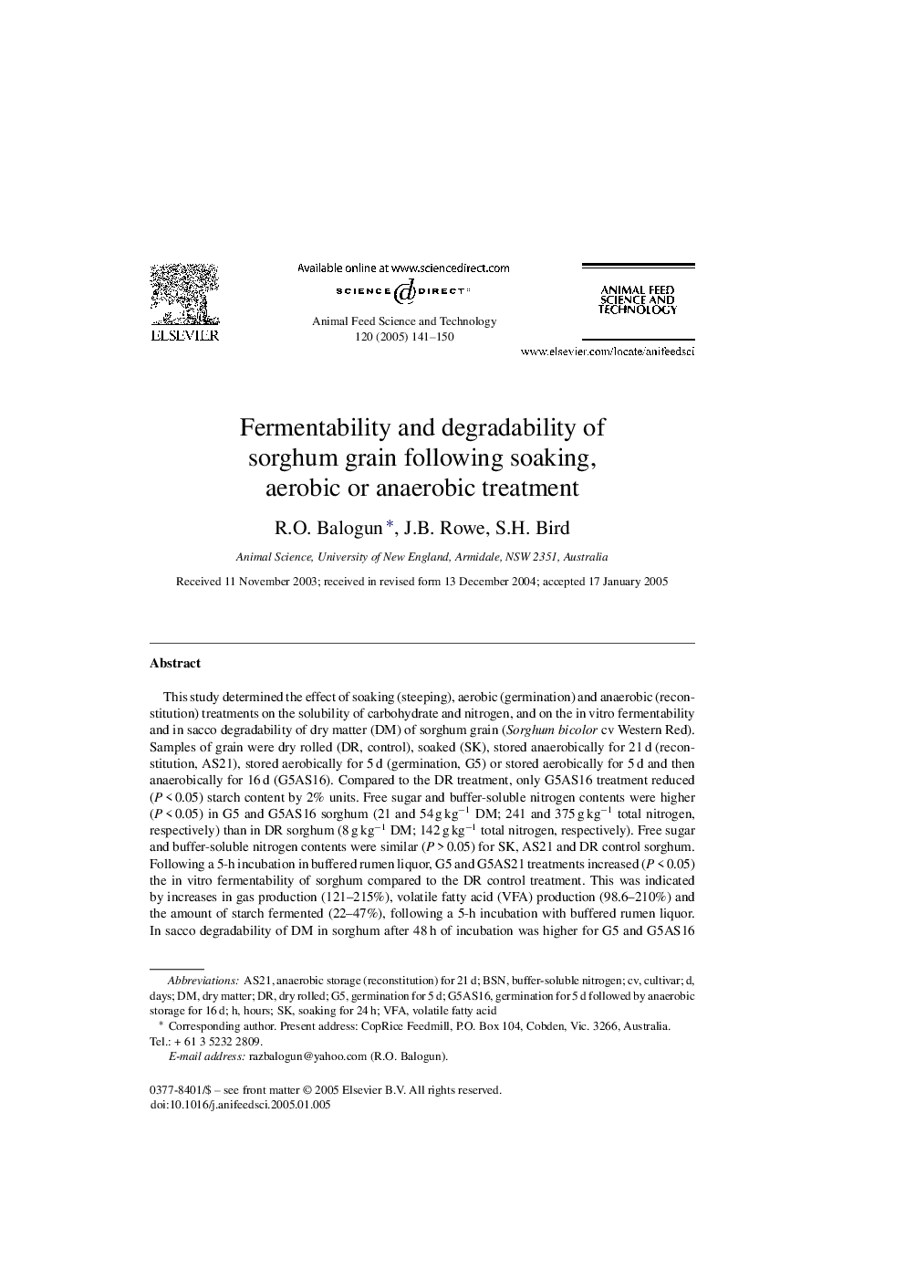 Fermentability and degradability of sorghum grain following soaking, aerobic or anaerobic treatment