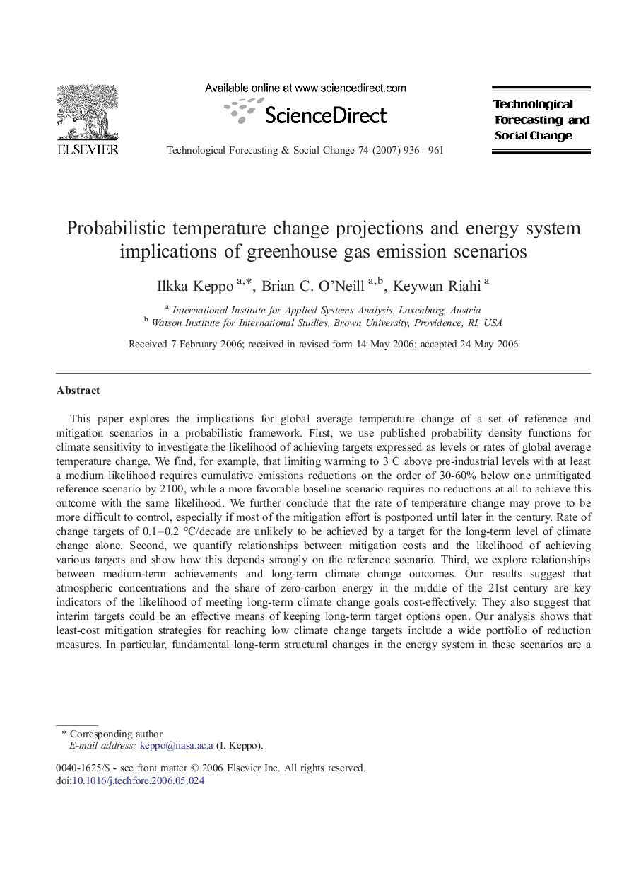 Probabilistic temperature change projections and energy system implications of greenhouse gas emission scenarios