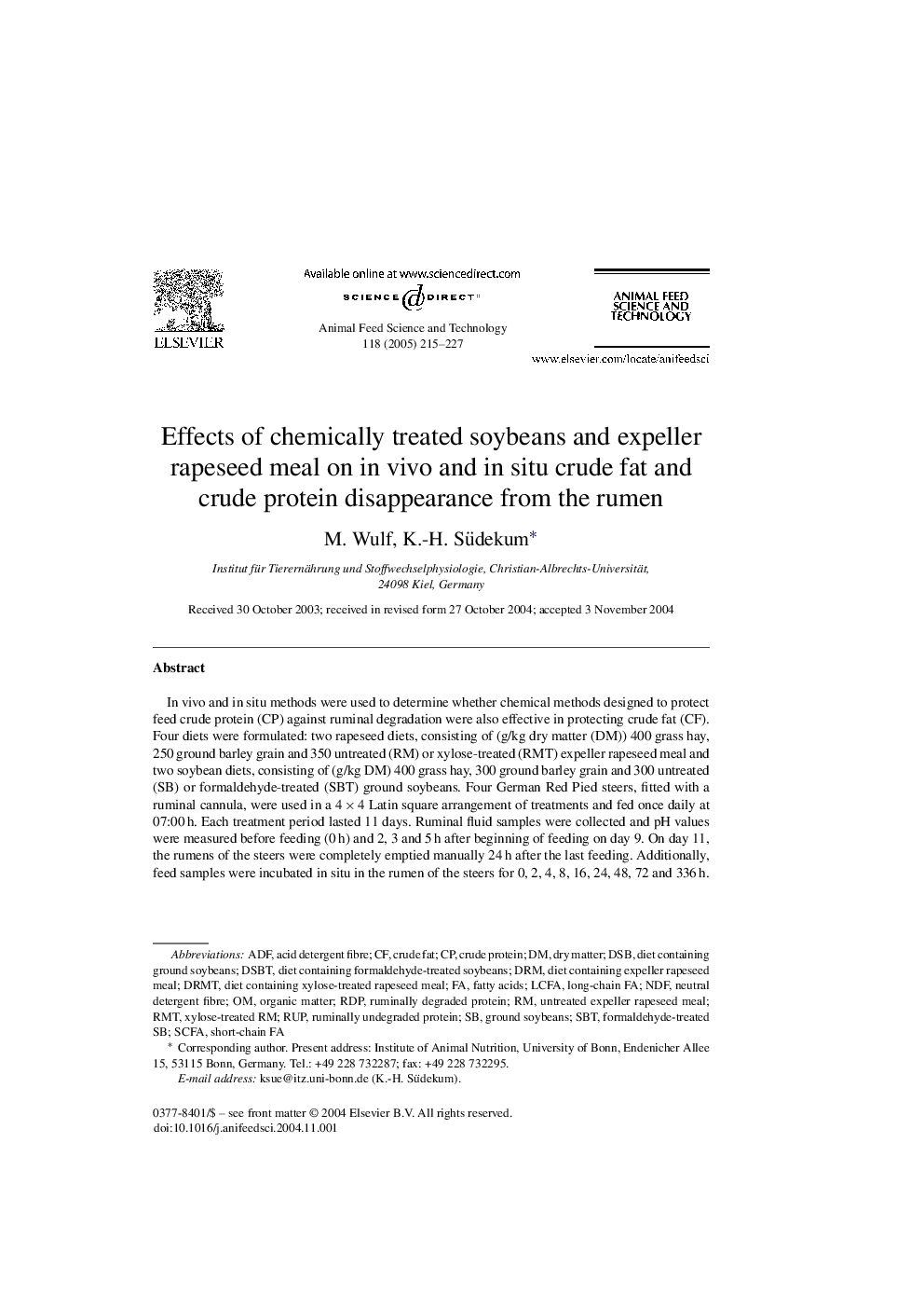 Effects of chemically treated soybeans and expeller rapeseed meal on in vivo and in situ crude fat and crude protein disappearance from the rumen