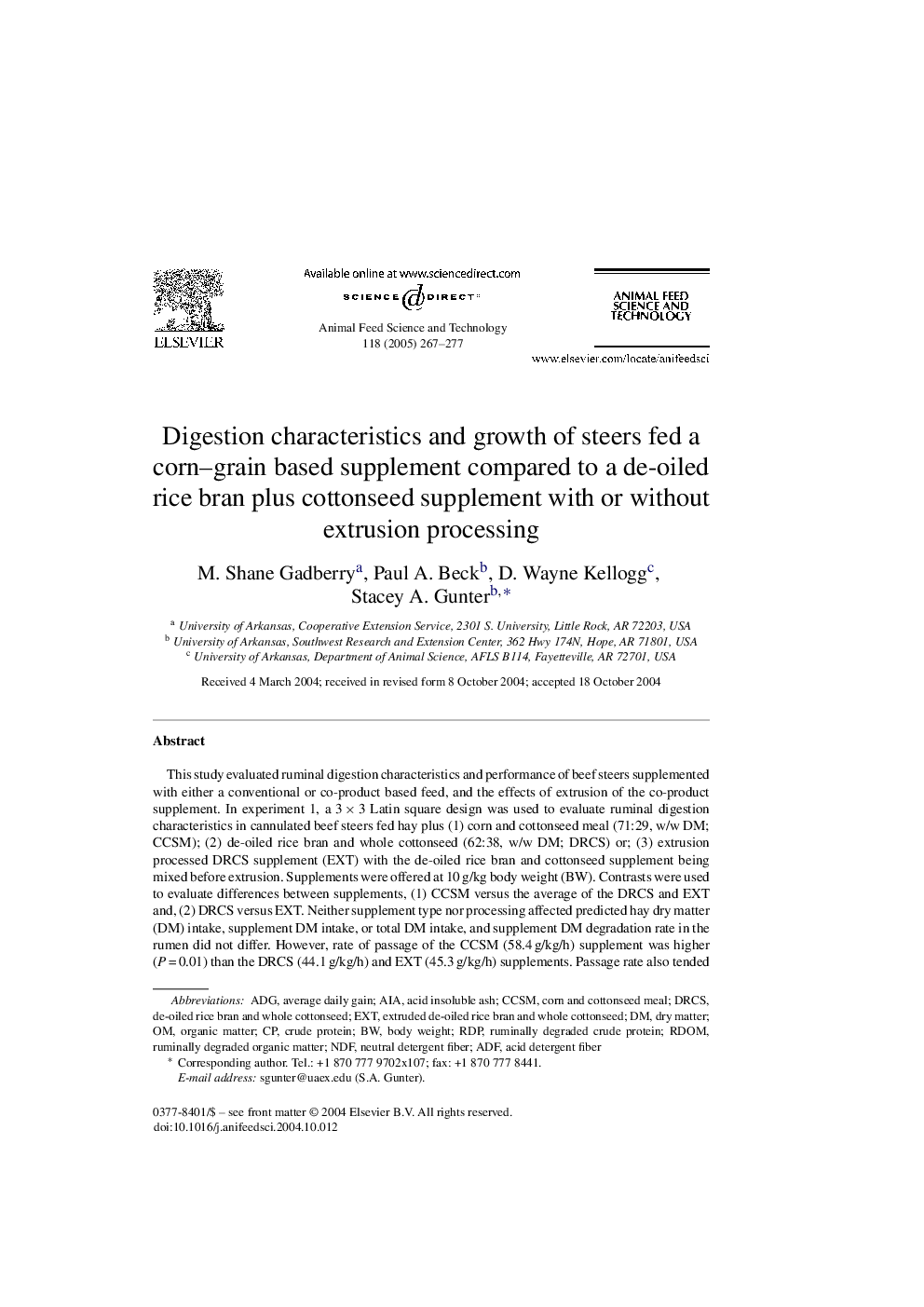 Digestion characteristics and growth of steers fed a corn-grain based supplement compared to a de-oiled rice bran plus cottonseed supplement with or without extrusion processing