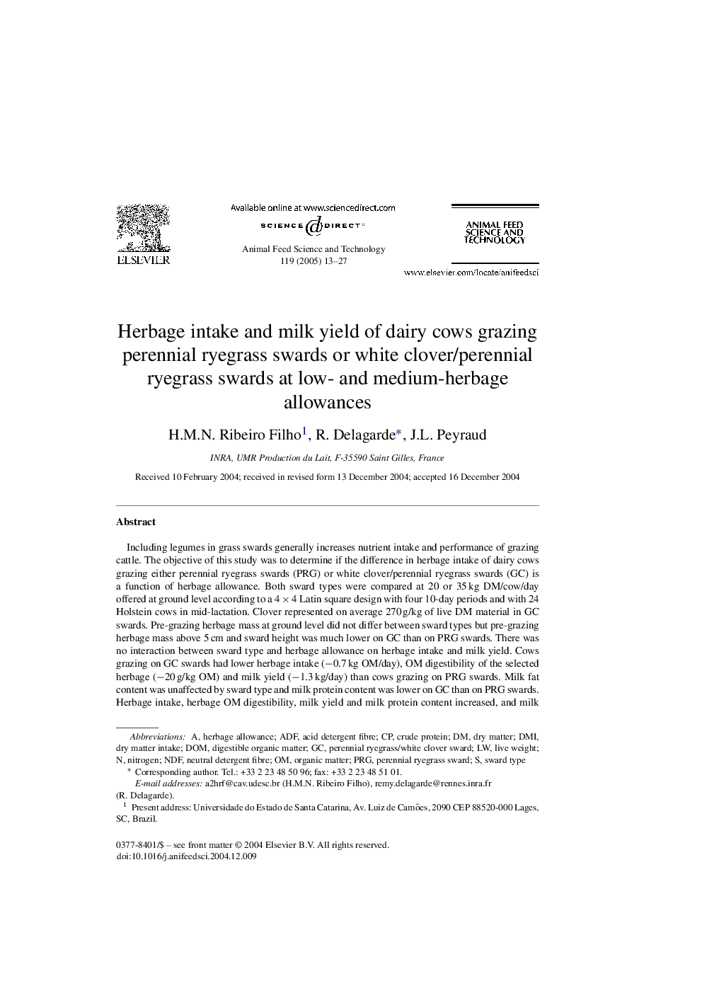 Herbage intake and milk yield of dairy cows grazing perennial ryegrass swards or white clover/perennial ryegrass swards at low- and medium-herbage allowances