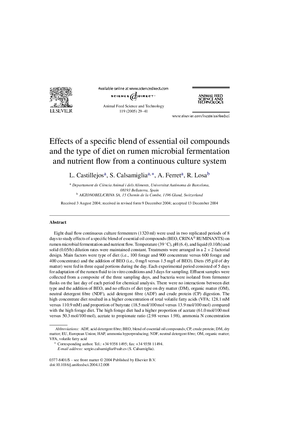 Effects of a specific blend of essential oil compounds and the type of diet on rumen microbial fermentation and nutrient flow from a continuous culture system