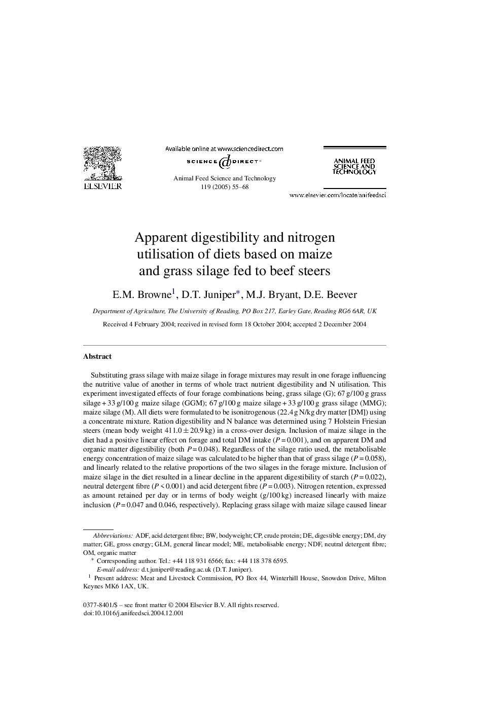 Apparent digestibility and nitrogen utilisation of diets based on maize and grass silage fed to beef steers