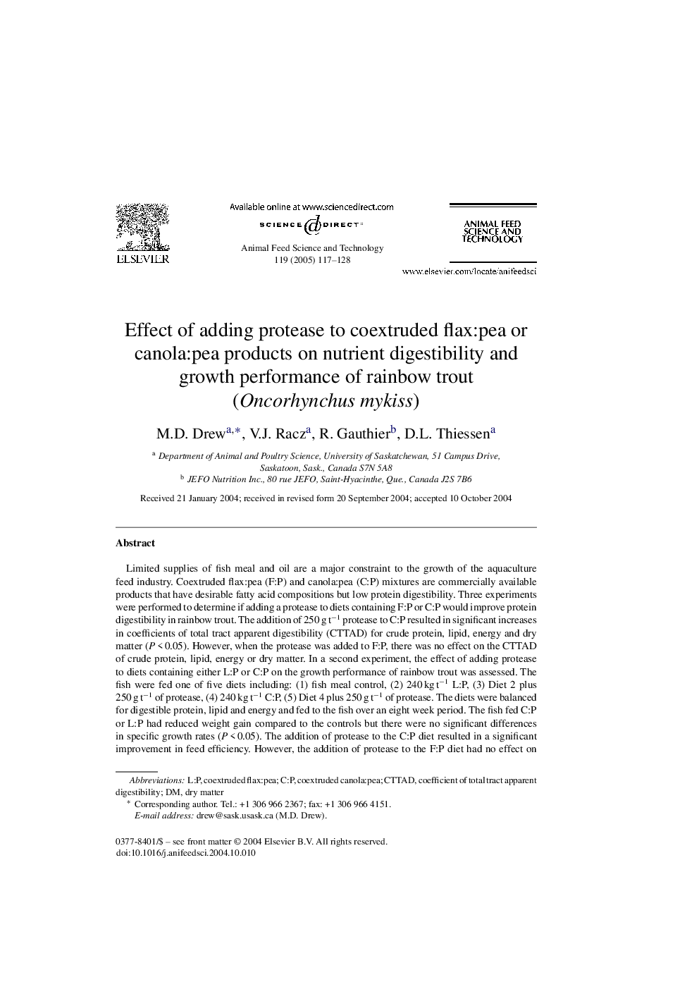 Effect of adding protease to coextruded flax:pea or canola:pea products on nutrient digestibility and growth performance of rainbow trout (Oncorhynchus mykiss)