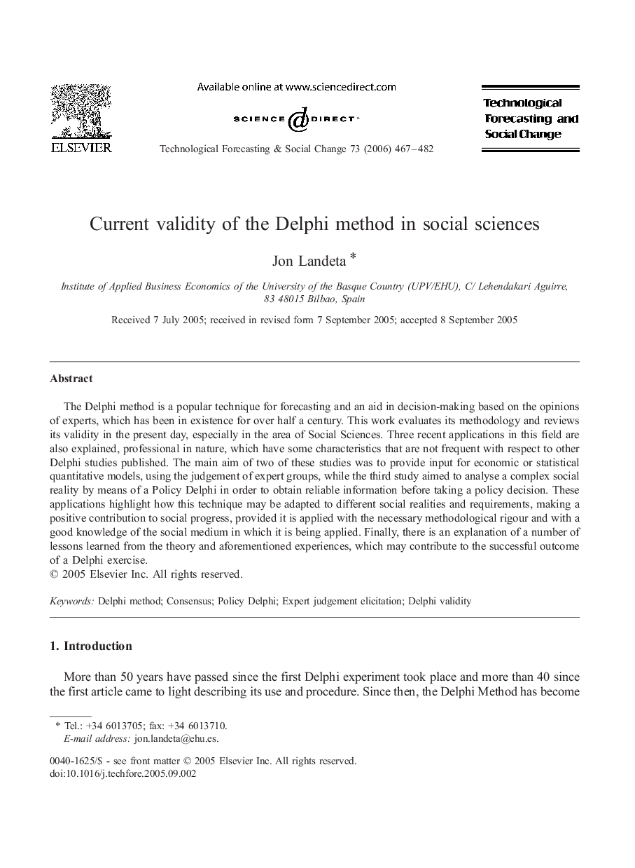 Current validity of the Delphi method in social sciences