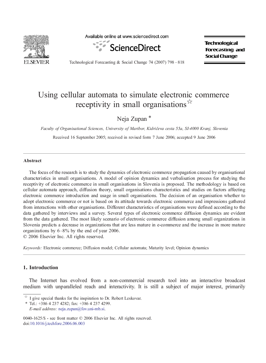 Using cellular automata to simulate electronic commerce receptivity in small organisations 