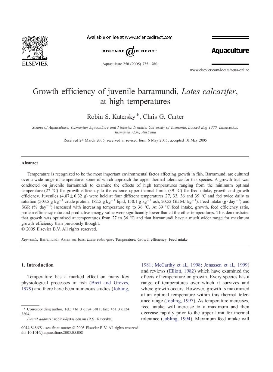 Growth efficiency of juvenile barramundi, Lates calcarifer, at high temperatures