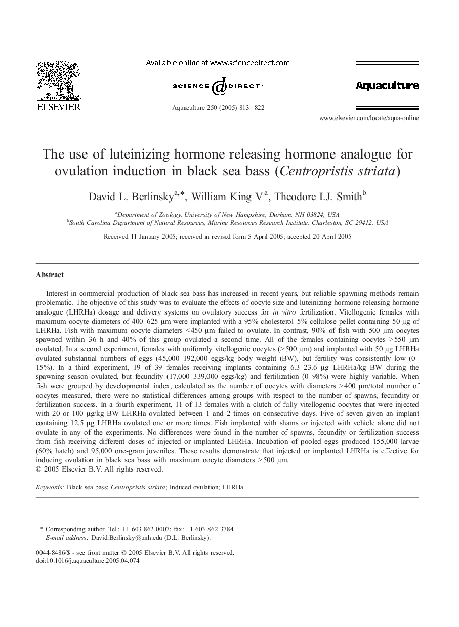 The use of luteinizing hormone releasing hormone analogue for ovulation induction in black sea bass (Centropristis striata)