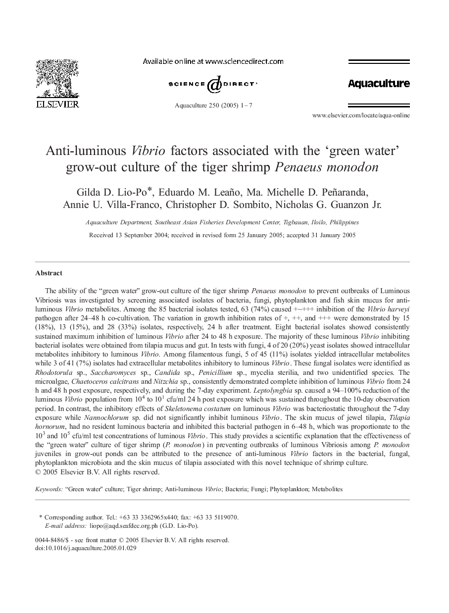 Anti-luminous Vibrio factors associated with the 'green water' grow-out culture of the tiger shrimp Penaeus monodon