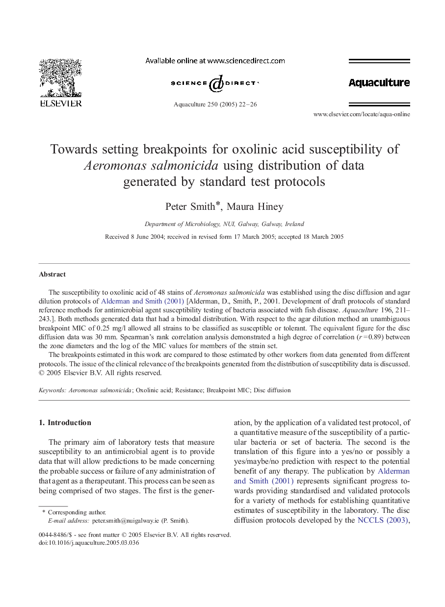 Towards setting breakpoints for oxolinic acid susceptibility of Aeromonas salmonicida using distribution of data generated by standard test protocols