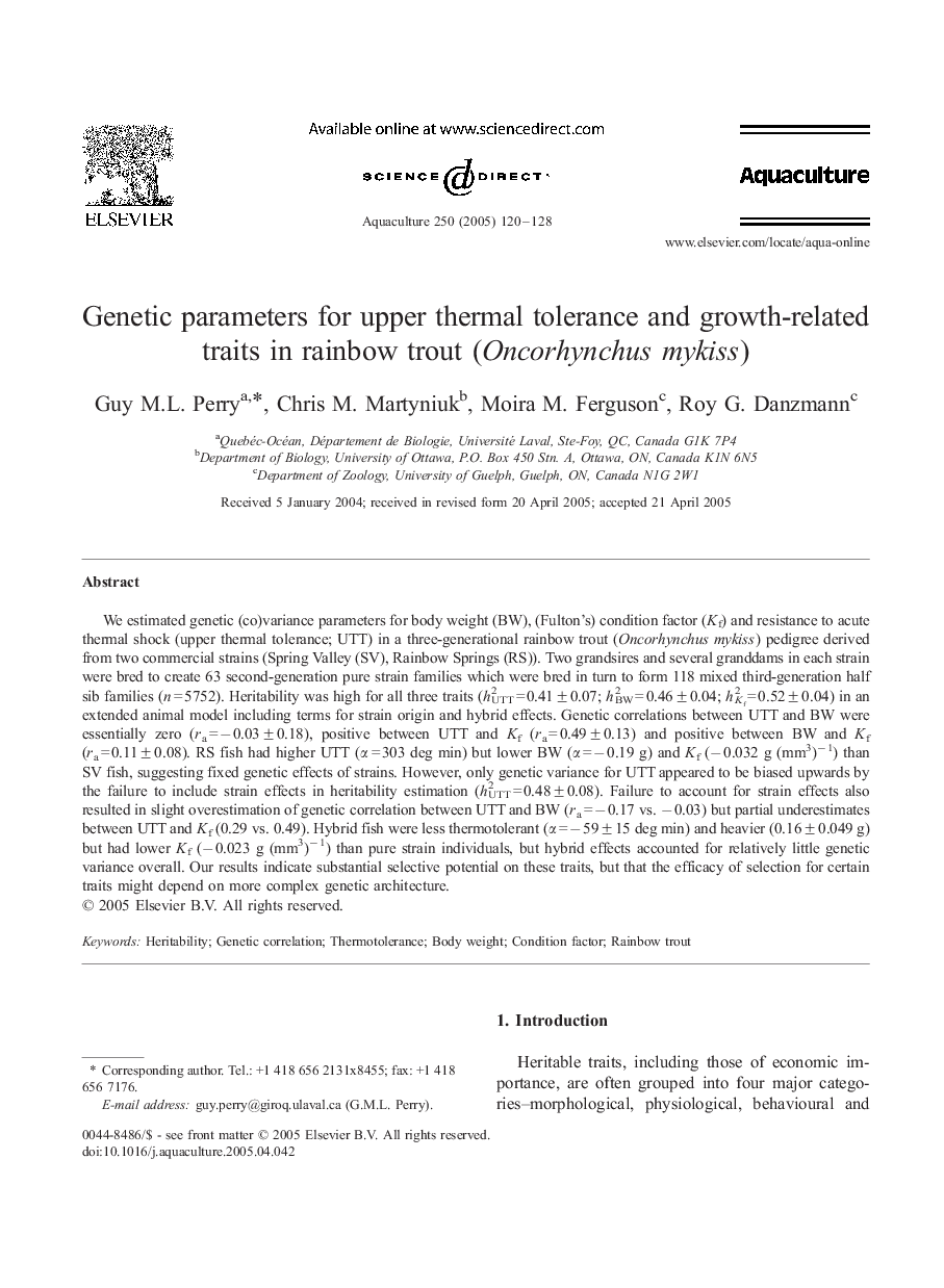 Genetic parameters for upper thermal tolerance and growth-related traits in rainbow trout (Oncorhynchus mykiss)