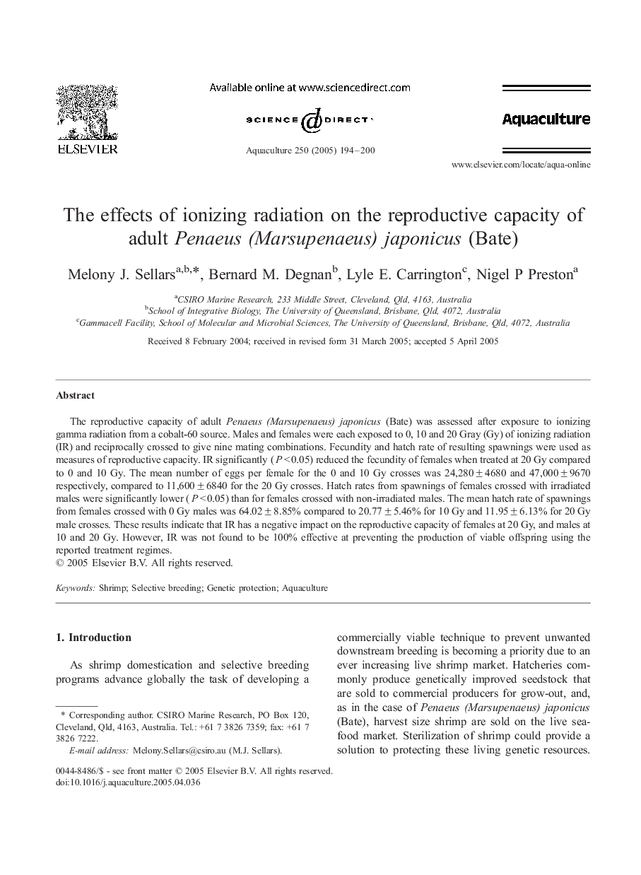 The effects of ionizing radiation on the reproductive capacity of adult Penaeus (Marsupenaeus) japonicus (Bate)