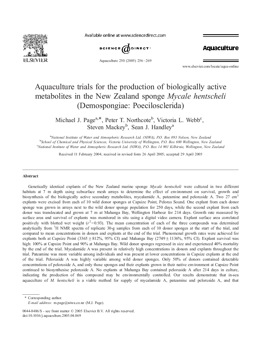 Aquaculture trials for the production of biologically active metabolites in the New Zealand sponge Mycale hentscheli (Demospongiae: Poecilosclerida)