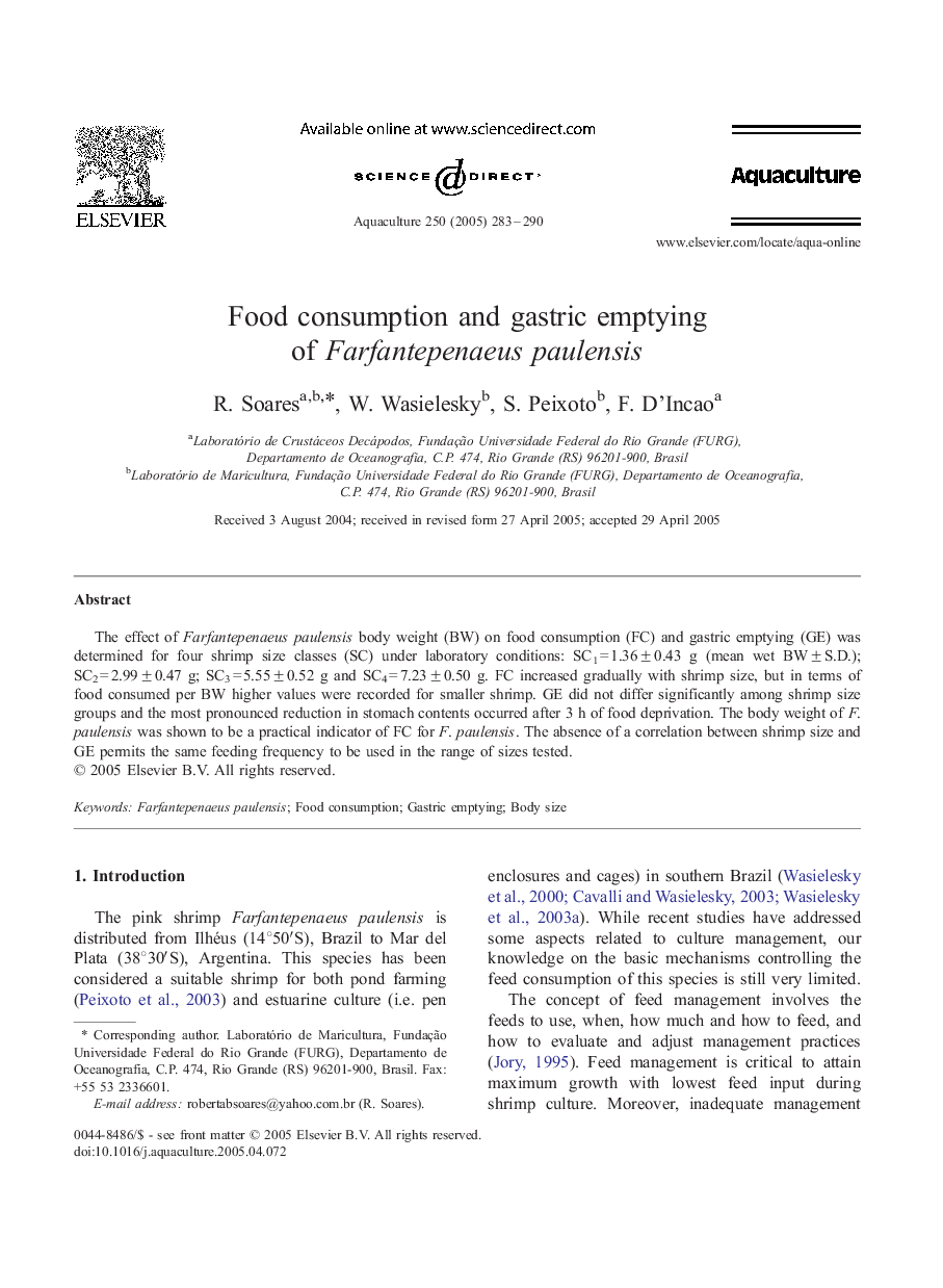 Food consumption and gastric emptying of Farfantepenaeus paulensis