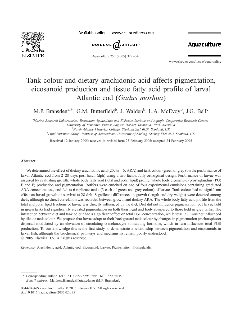 Tank colour and dietary arachidonic acid affects pigmentation, eicosanoid production and tissue fatty acid profile of larval Atlantic cod (Gadus morhua)