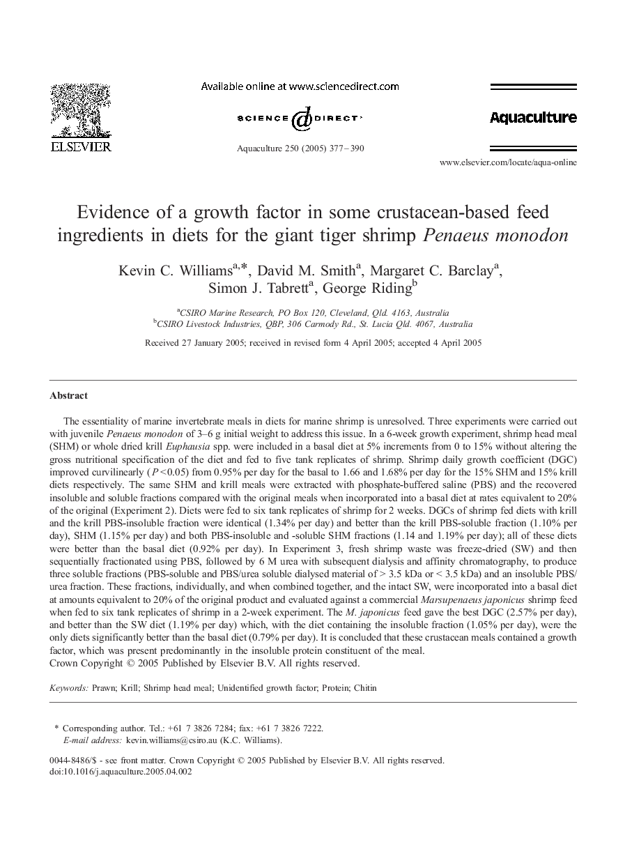 Evidence of a growth factor in some crustacean-based feed ingredients in diets for the giant tiger shrimp Penaeus monodon