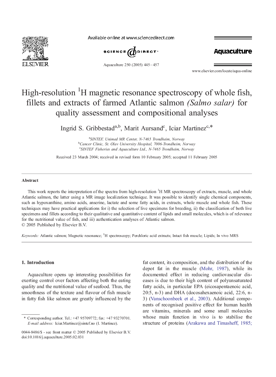 High-resolution 1H magnetic resonance spectroscopy of whole fish, fillets and extracts of farmed Atlantic salmon (Salmo salar) for quality assessment and compositional analyses