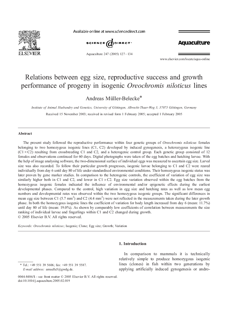 Relations between egg size, reproductive success and growth performance of progeny in isogenic Oreochromis niloticus lines