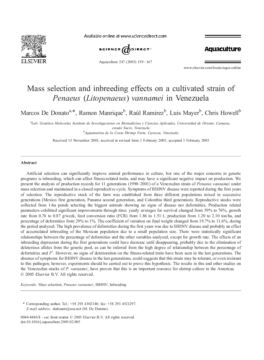 Mass selection and inbreeding effects on a cultivated strain of Penaeus (Litopenaeus) vannamei in Venezuela