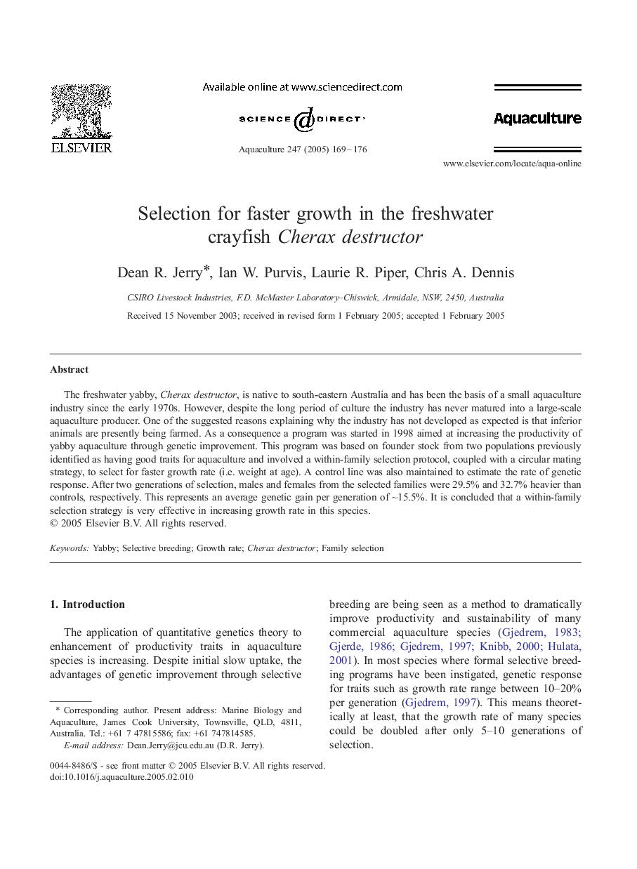 Selection for faster growth in the freshwater crayfish Cherax destructor