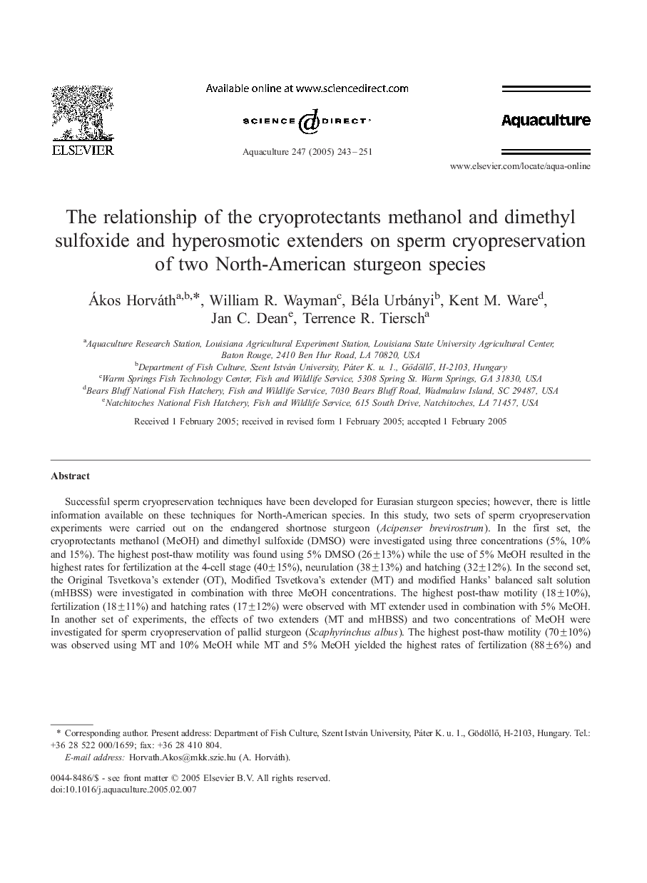 The relationship of the cryoprotectants methanol and dimethyl sulfoxide and hyperosmotic extenders on sperm cryopreservation of two North-American sturgeon species