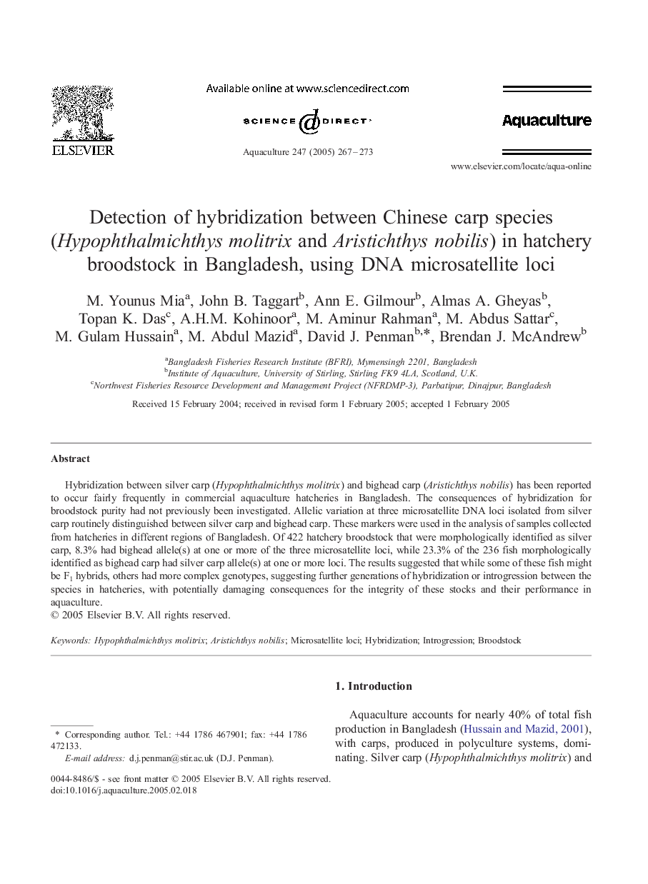 Detection of hybridization between Chinese carp species (Hypophthalmichthys molitrix and Aristichthys nobilis) in hatchery broodstock in Bangladesh, using DNA microsatellite loci