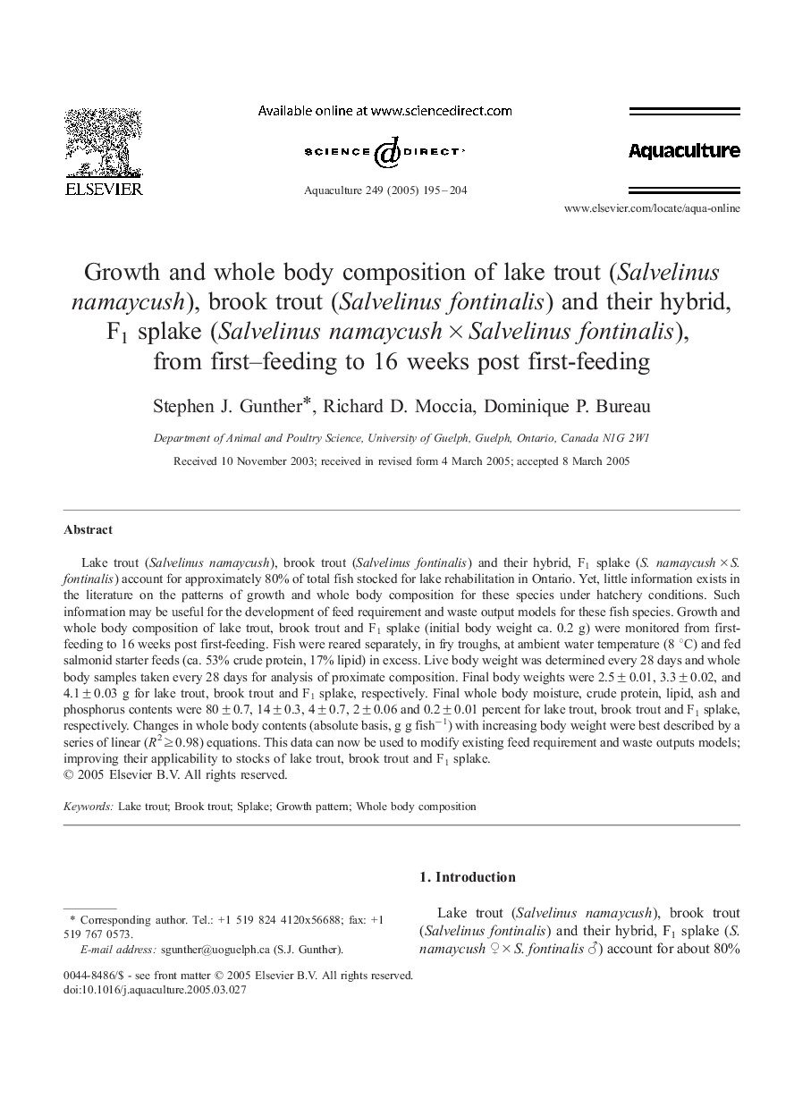 Growth and whole body composition of lake trout (Salvelinus namaycush), brook trout (Salvelinus fontinalis) and their hybrid, F1 splake (Salvelinus namaycushÂ ÃÂ Salvelinus fontinalis), from first-feeding to 16 weeks post first-feeding