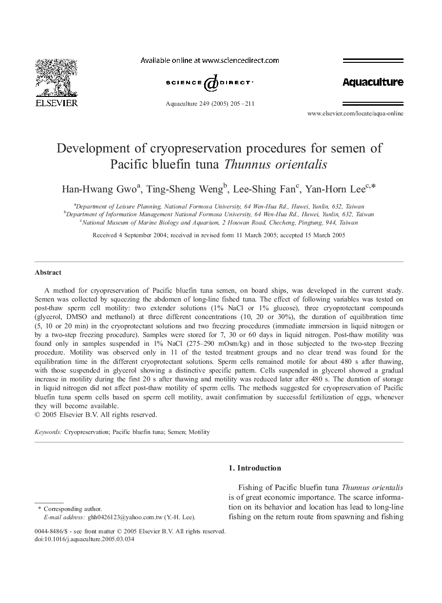 Development of cryopreservation procedures for semen of Pacific bluefin tuna Thunnus orientalis