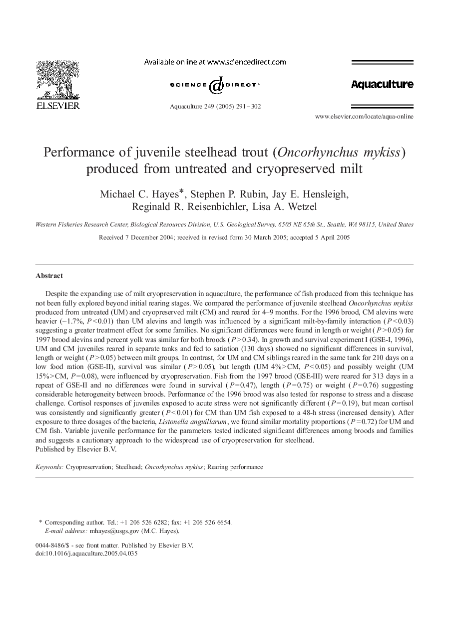 Performance of juvenile steelhead trout (Oncorhynchus mykiss) produced from untreated and cryopreserved milt